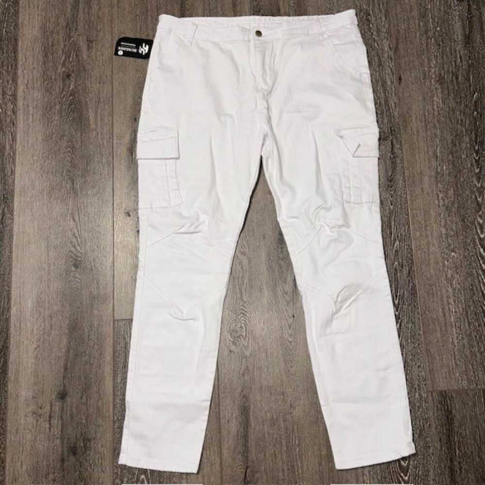 Hungston Mens White Cargo Stretch Pants Size 32 (32x30) NWT NEW